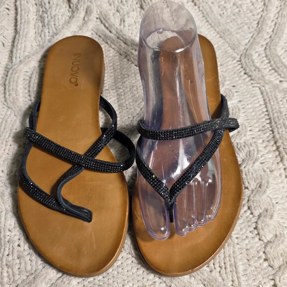 Free People Inuovo Leather Strappy Rhinestone Flat Thong Sandals Women 41 10